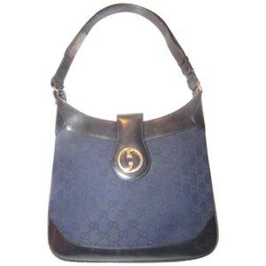 Gucci Vintage Navy Blue Guccissima Black Leather Gold GG Shoulder Bag